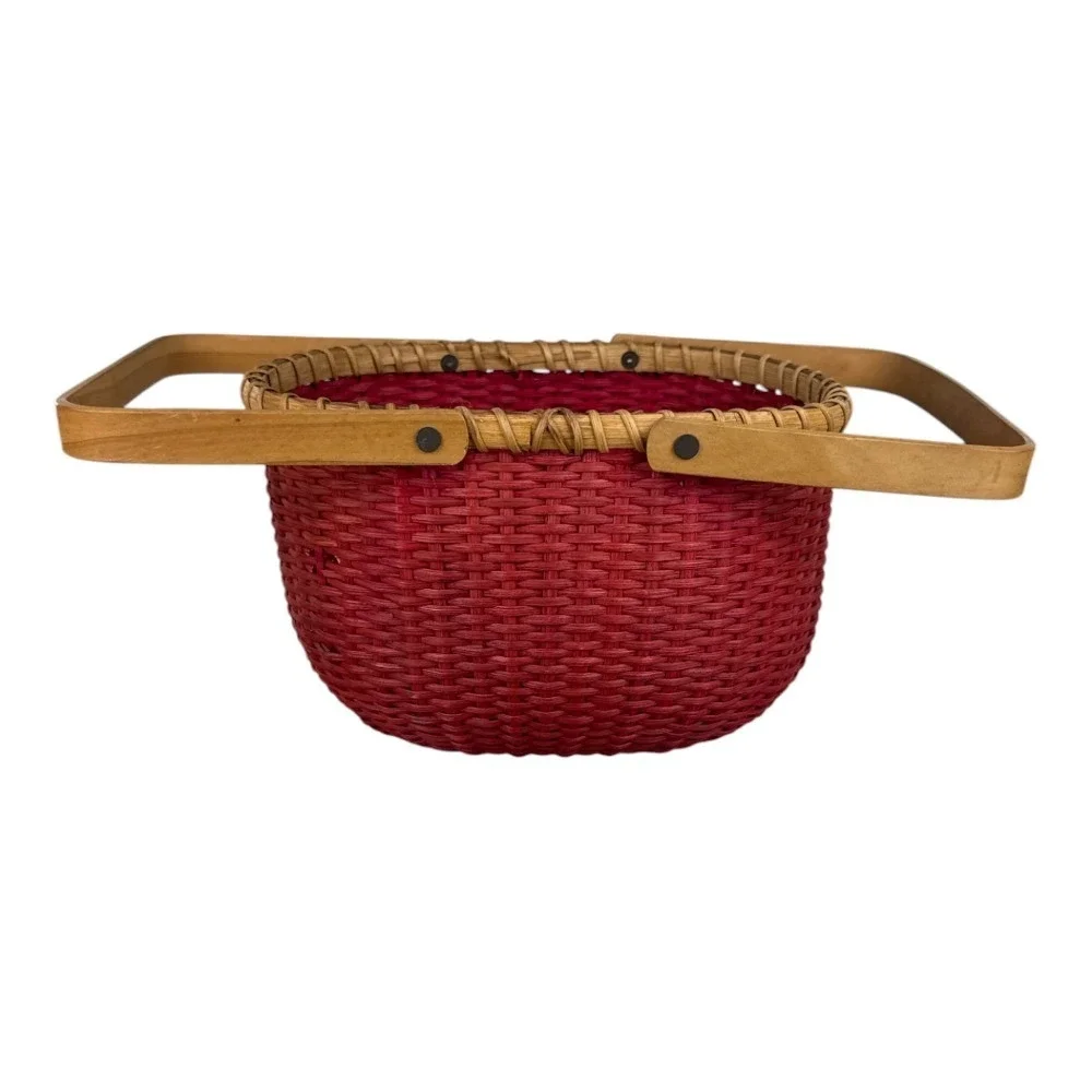 Red Woven Oval Basket with Double Wood Swing Handles Rustic Home Decor Primitive